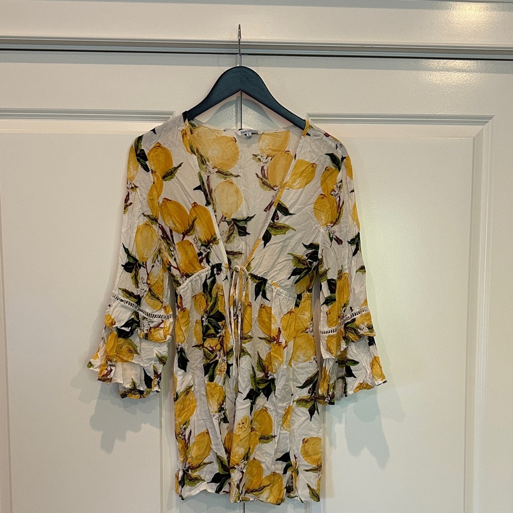 Blue Island Floral Yellow Kimono swim cover large